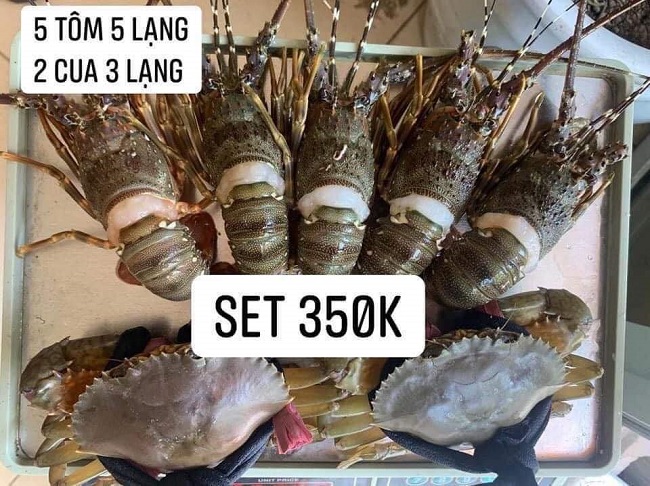 Mâm hải sản 350.000 đồng gồm 5 con tôm hùm mini, mỗi con 100gr và 2 con cua Cà Mau 300gr